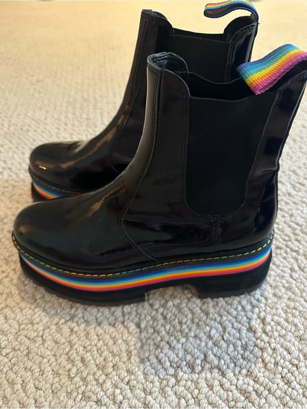 Kurt Geiger Black Patent Chelsea Boots with Rainbow Platform rainbow
